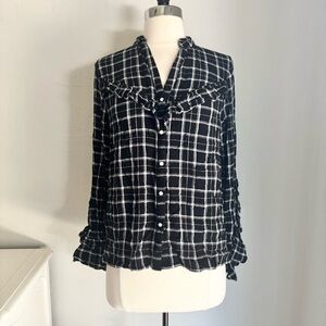 INC International Concepts Black with White Plaid Snap Front Ruffle Top, Small